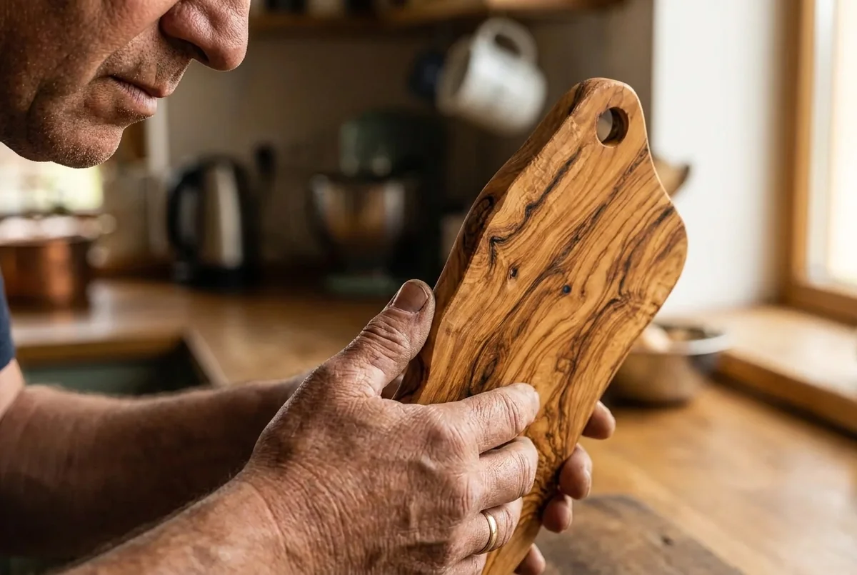 A man running his thumb along the edge of the board, checking for a seam